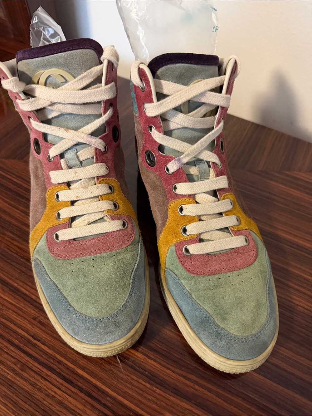 Gucci Multicolor Suede High-Top Sneakers in Pastel Green, Pink, Mustard